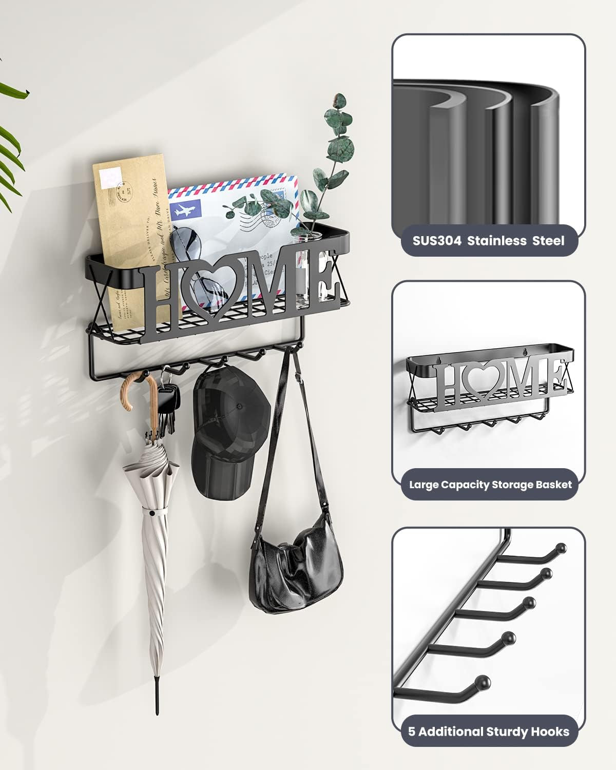 Wall Mounted Key Organizer – Hooks and Mail Holder