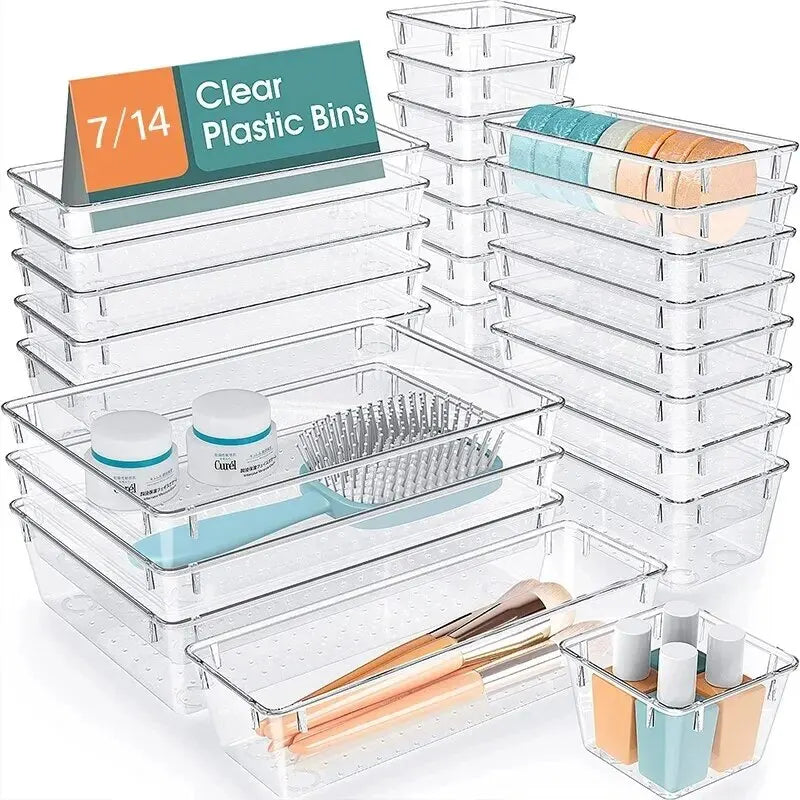 7-14 Piece Clear Makeup Organizer Set for Drawers & Desk