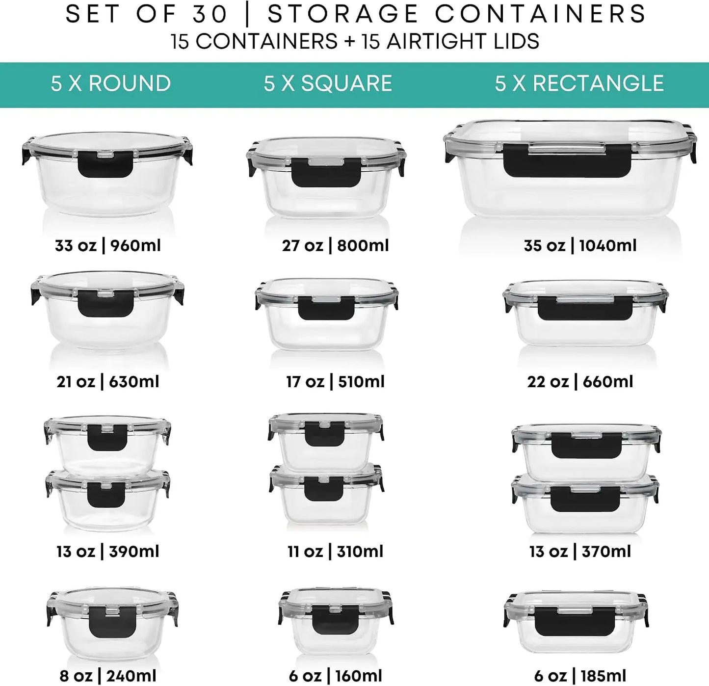 30-Piece Glass Containers for Fresh Food Storage & Lunches
