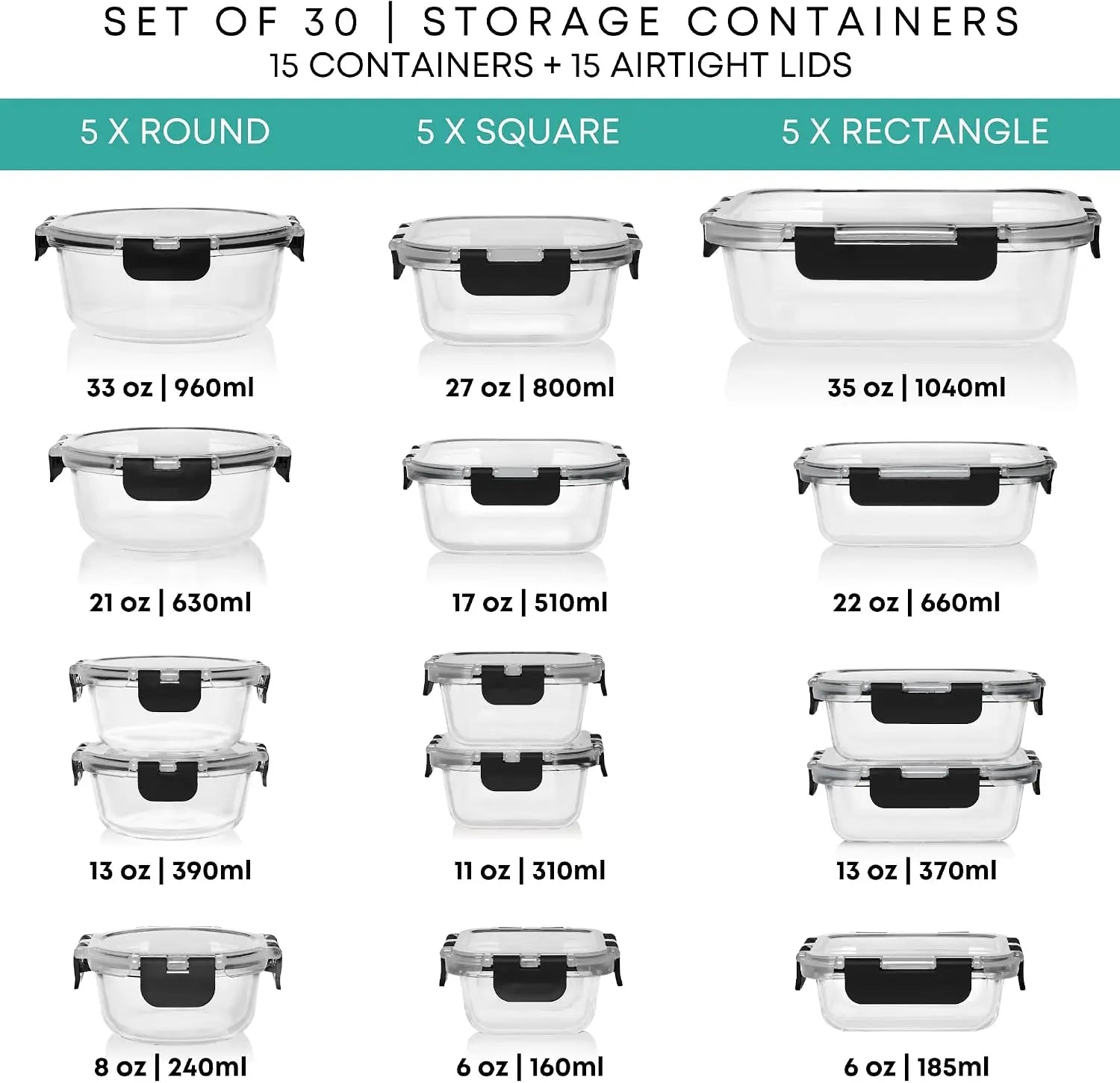 30-Piece Glass Containers for Fresh Food Storage & Lunches