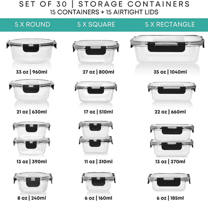 30-Piece Glass Containers for Fresh Food Storage & Lunches