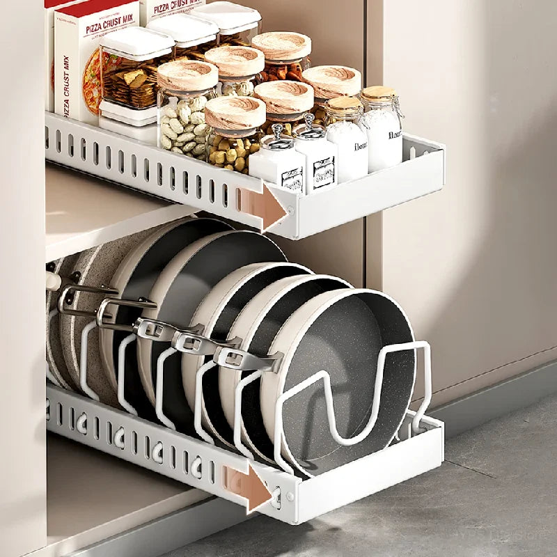 Pull-Out Pots and Pans Organizer with Adjustable Dividers