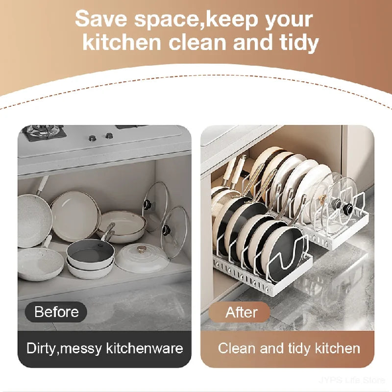 Pull-Out Pots and Pans Organizer with Adjustable Dividers