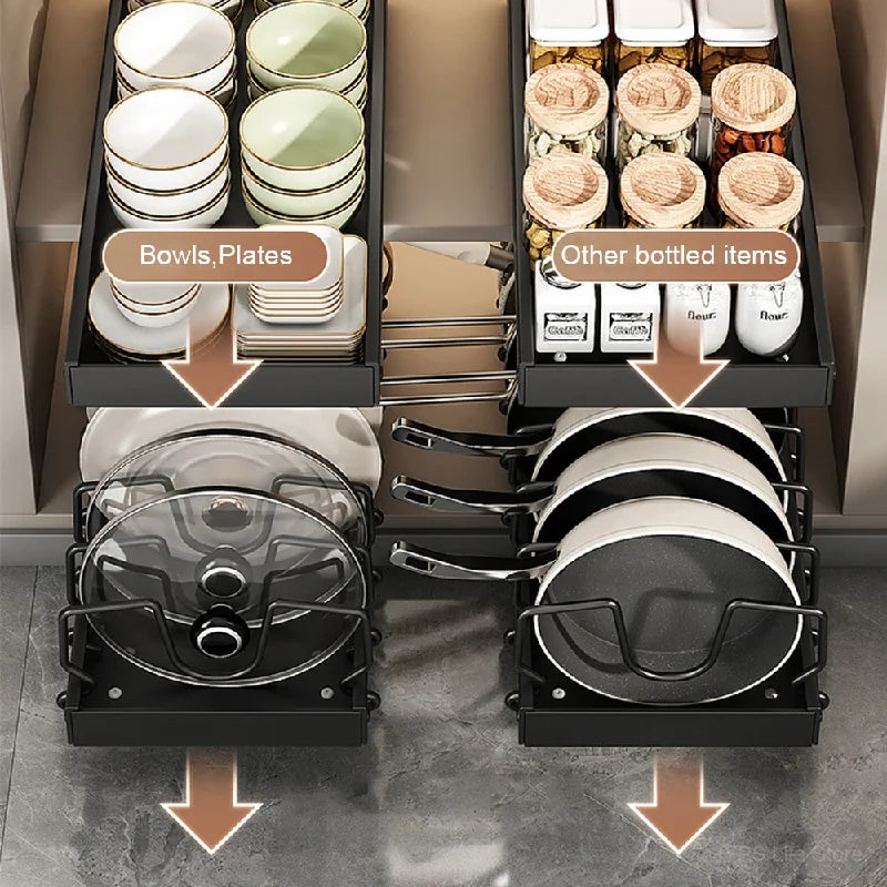 Pull-Out Pots and Pans Organizer with Adjustable Dividers