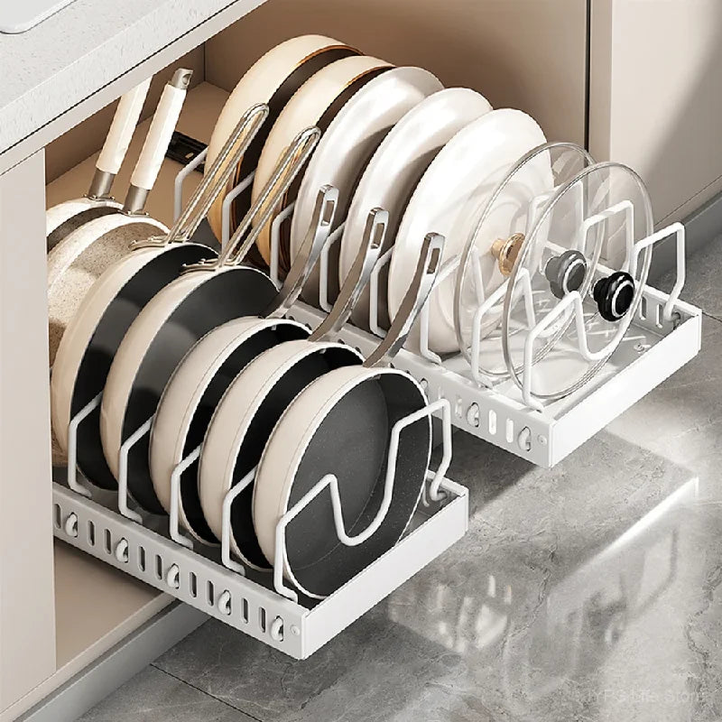 Pull-Out Pots and Pans Organizer with Adjustable Dividers