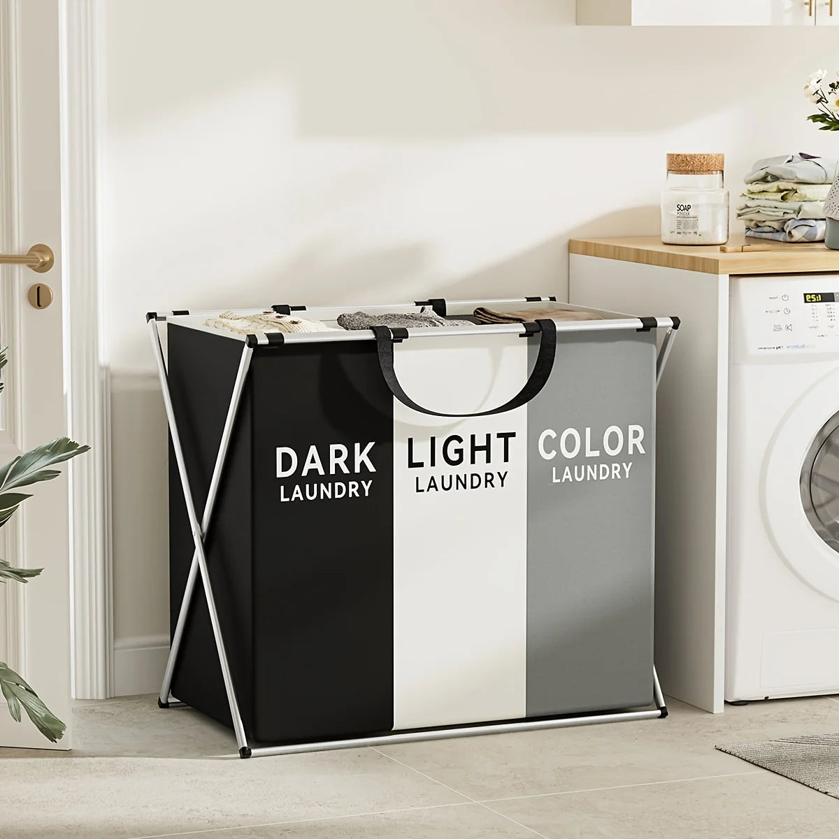 3-Section Laundry Hamper – Foldable Clothes Organizer Bin