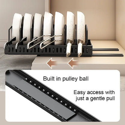 Pull-Out Pots and Pans Organizer with Adjustable Dividers