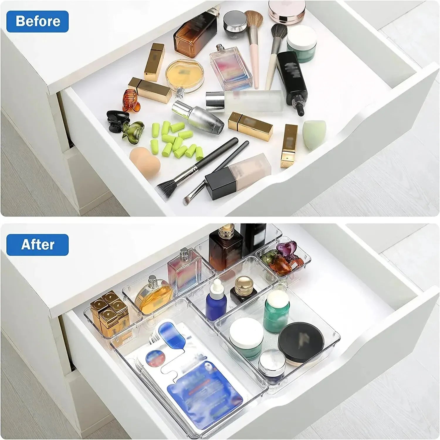 7-14 Piece Clear Makeup Organizer Set for Drawers & Desk