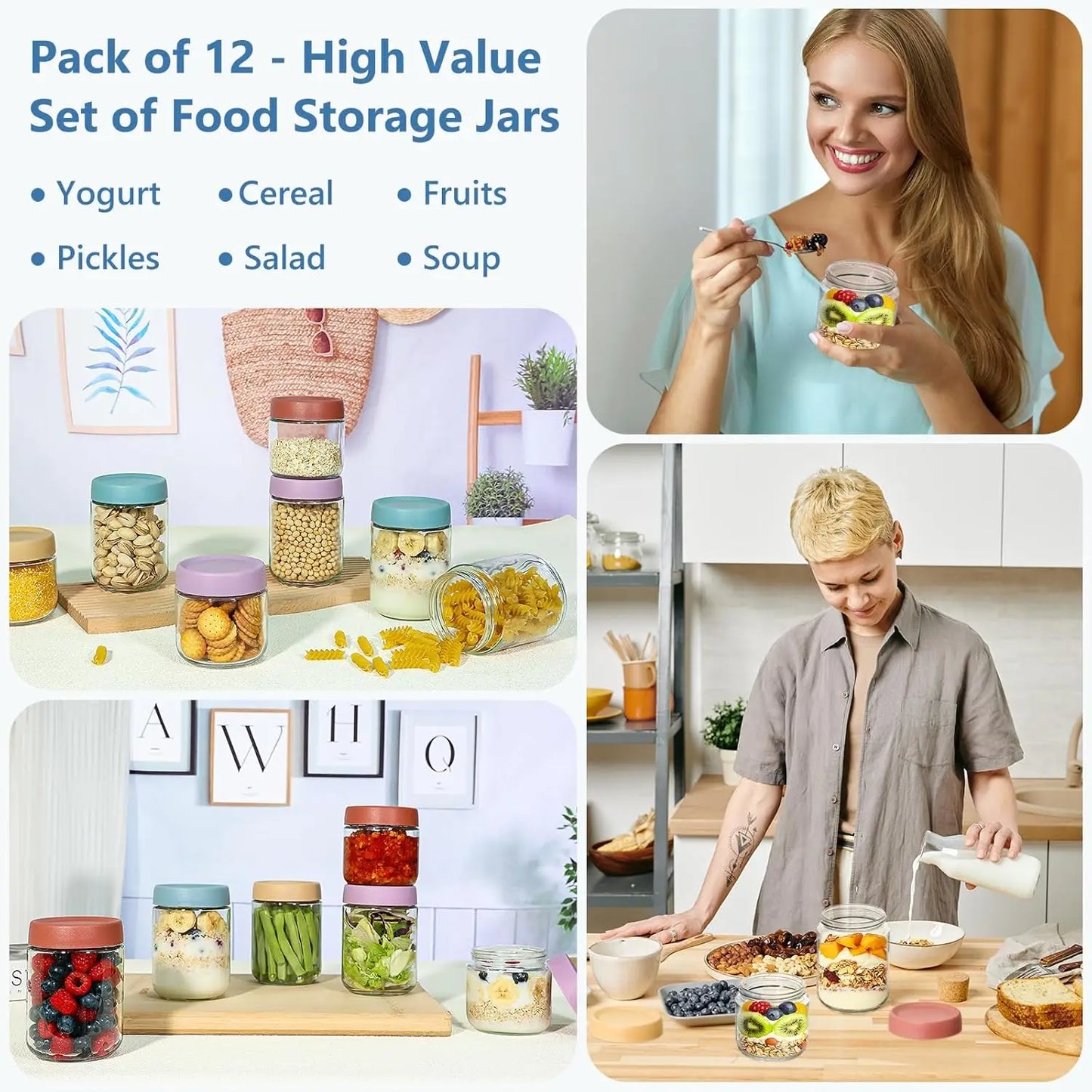12-Pack Glass Jars for Breakfast Prep & Kitchen Organization